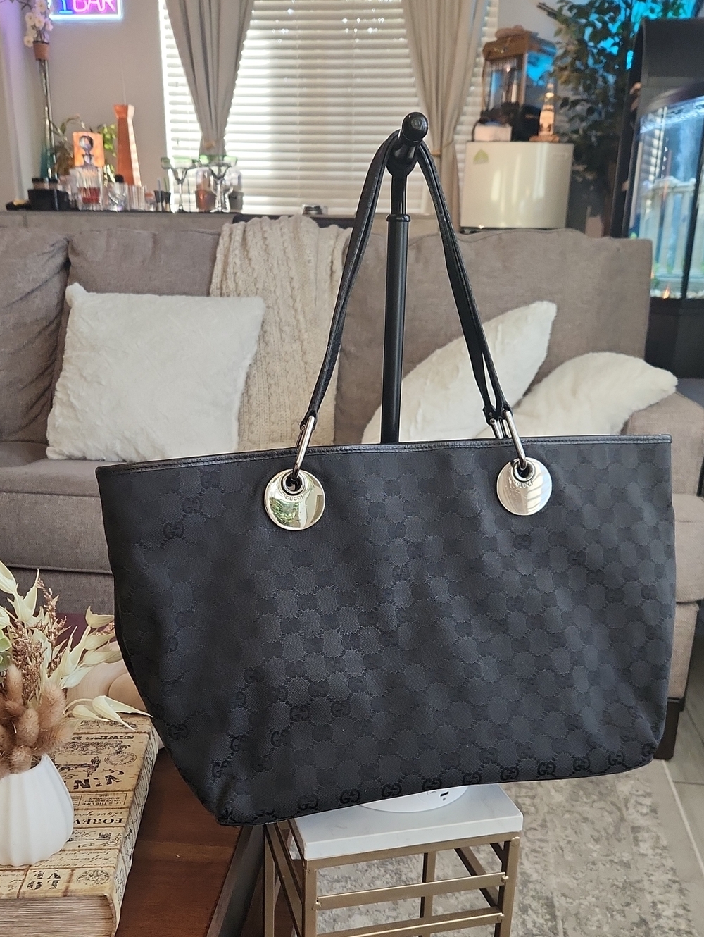 Authentic Gucci Black GG Canvas Eclipse Tote Bag Silver Hardware